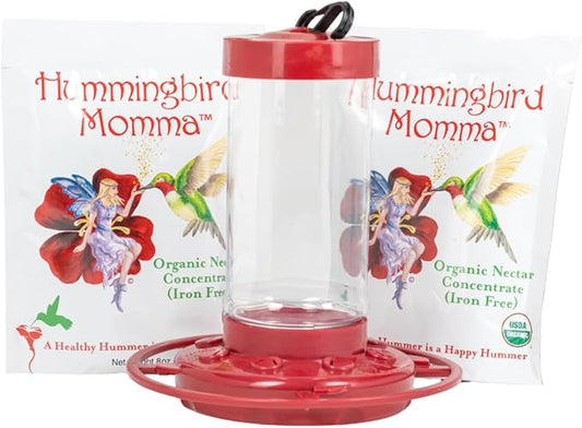 USDA Organic Hummingbird Nectar, Iron-Free, 2 x 8oz Concentrate Pouches with Feeder, All-Natural, Dye-Free USDA Certified Nectar for Outdoor Hummingbird Feeding