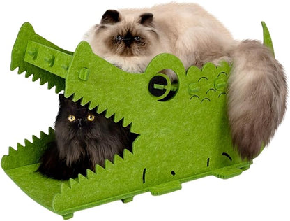 Cat House, Muzzique Cute Crocodile Felt Pet Nest, for Indoor Cats & Small Dogs, Removable Washable Kitten Playhouse, Large Peekaboo Kitty Cave, Enclosed Puppy Bed, Scratch/Sleep Dog Cube Furniture