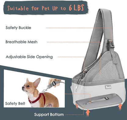 SlowTon Pet Dog Sling Carrier, Hands Free Hard Bottom Papoose Small Animal Puppy Up to 6 lbs Travel Bag Tote Breathable Mesh Support Adjustable Padded Strap Pocket Safety Belt Machine Washable