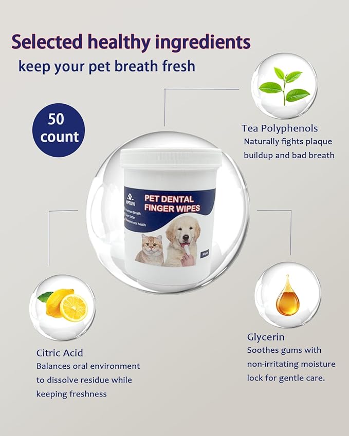 Dog Dental Wipes – Pet Teeth Cleaning Finger Pads for Dogs & Cats, 50 Count – Remove Plaque & Tartar, Freshen Breath, Easy Oral Care, Tea Polyphenol Formula