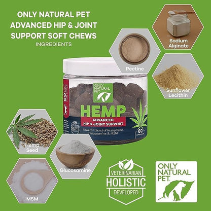Only Natural Pet Hemp Advanced Mobility Support for Dogs Holistic Wellness Hip Bone Joint Health - Inflammatory Function Relieves Pain Stiffness Green Lipped Mussels Turmeric (HA) 60 Count - 2 Pack