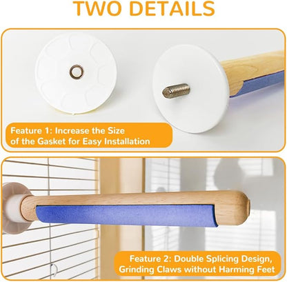 2-Pack Natural Wood Bird Perch with Foot Grinding, 7.8 Inch Bird Cage Accessories for Parakeets Cockatiel Lovebird Canary, Foot Health Training (Color Yellow & Pink)