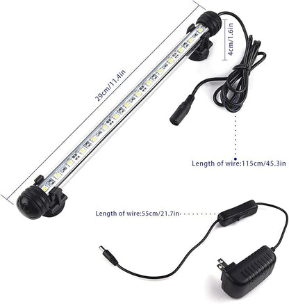 LED Aquarium Light, White Fish Tank Light Underwater Submersible Bright IP68 Waterproof Crystal Glass LEDs Lights Strip Lighting Bar with ON/Off Button, 11 Inch