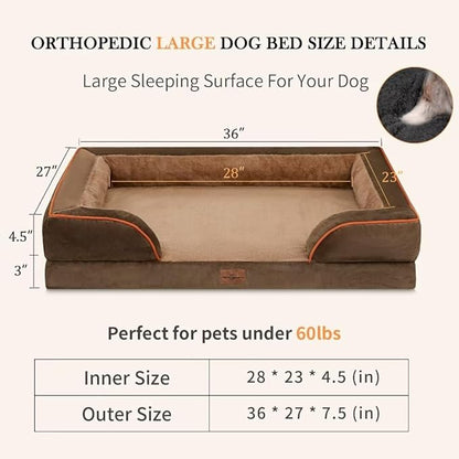 Cooling Dog Bed Orthopedic, Memory Foam Dog Bed for Large Dogs, Waterproof Dog Beds, Washable Dog Bed with Removable Cover,Pet Bed Dog Sofa with Bolster(Large,Khaki Brown)