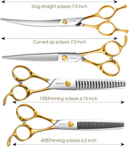 Dog Grooming Scissors Kit 4pcs 7 inch Professional Dog Grooming Shears Set Curved Thinning Straight Chunkers for Dogs Cat Pets (7 in Kit, Gold)