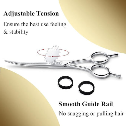 6" Hair Cutting Scissors Professional Curved Grooming Scissors for Small Dogs Cat & Hairstyle Barber Haircut Shears Japanese Stainless Steel Silent Adjustable Tension Removable Soft Ring