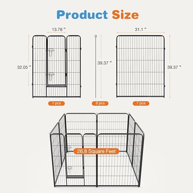 Dog Playpen, 8 Panel 40 Height Puppy Fence Exercise Pen for Yard Gate, Indoor Outdoor Heavy Duty Anti-Rust Metal Playpens with Doors Portable for RV Camping - Small/Medium/Large Pets