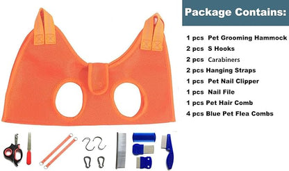 Dog Grooming Hammock with Flea Comb and Dog Nail Clipper, Pet Dog Grooming Hammock Harness with Cat Nail Clipper, Nail File and Dog Brush, Dog Sling for Nail Clipping/Nail Trimming (L, Orange)