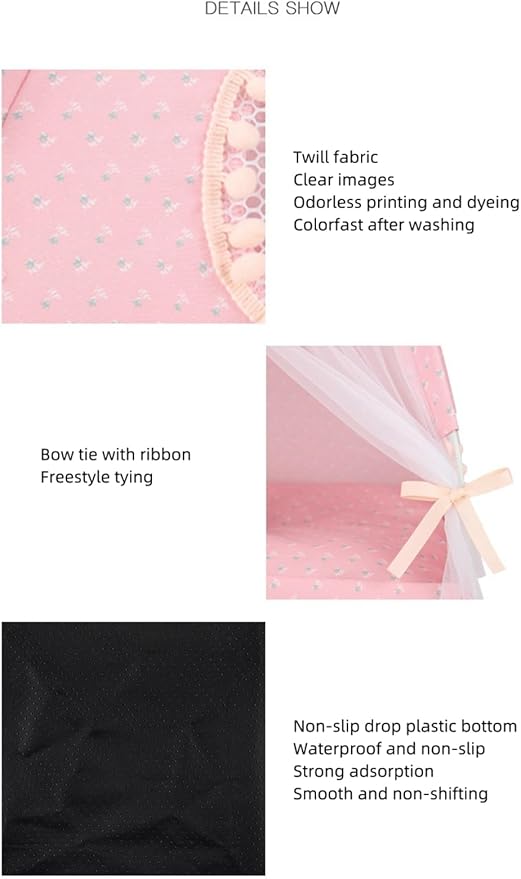 Cat Bed Tents Dog House Indoor Outdoor Lace Mesh Breathable Windows Door Curtains Removable Portable Nest Teepe House (Medium,Pink(Flower))