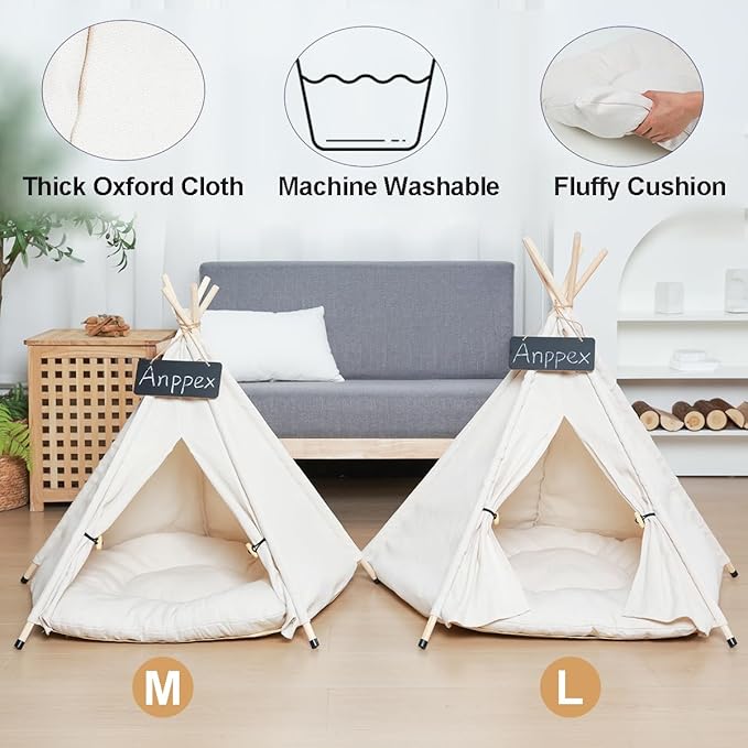 ANPPEX 24-Inch Dog Teepee Tent Indoor,M Size Pet Tent Bed for Small Dogs and Cats,Indoor Dog House with Thick Cushion,White