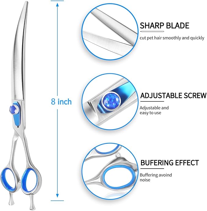 8'' Curved Scissors for Dog Grooming Professional Trimming Curved Dog Grooming Scissors Japan 440C Stainless Steel Shears Sharp Smooth Heavy Duty for Pet