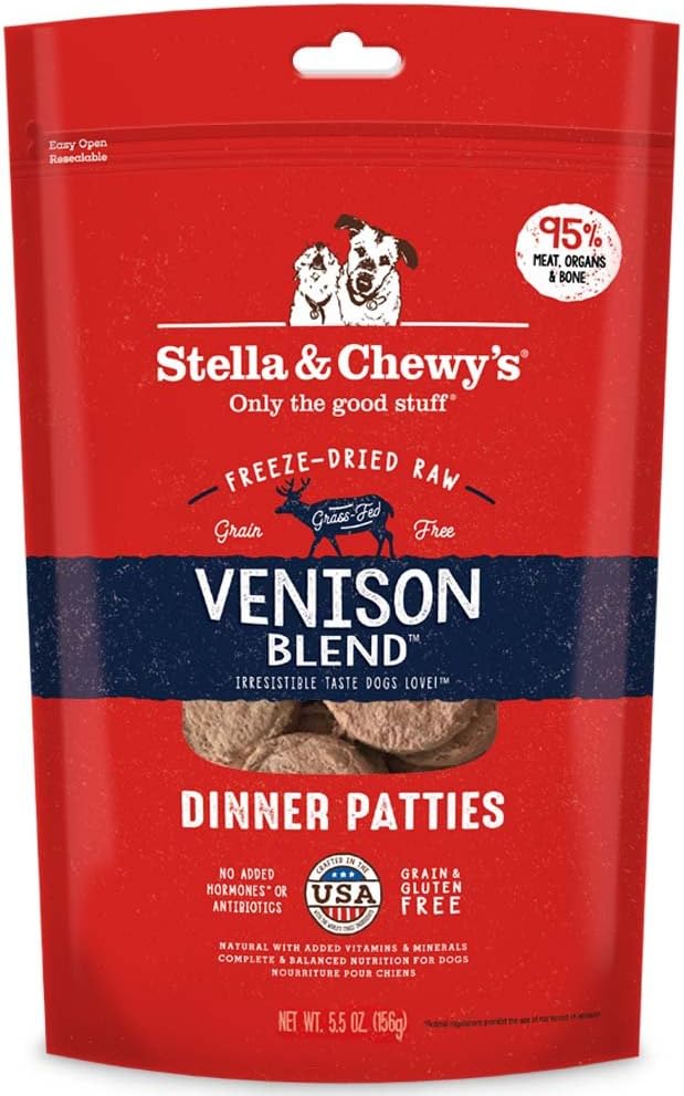 Stella & Chewy's Freeze Dried Raw Dinner Patties  Grain Free Dog Food, Protein Rich Venison Blend Recipe  5.5 oz Bag