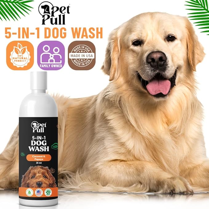 5-in-1 Dog Wash - Plant Based Dog Grooming Supplies for Dogs Cleanses - Skin Care Dog Wash Shampoo - Sulfate Free, All Natural Puppy Wash -Coconut and Papaya Scent -Made in USA (16 Fl Oz)