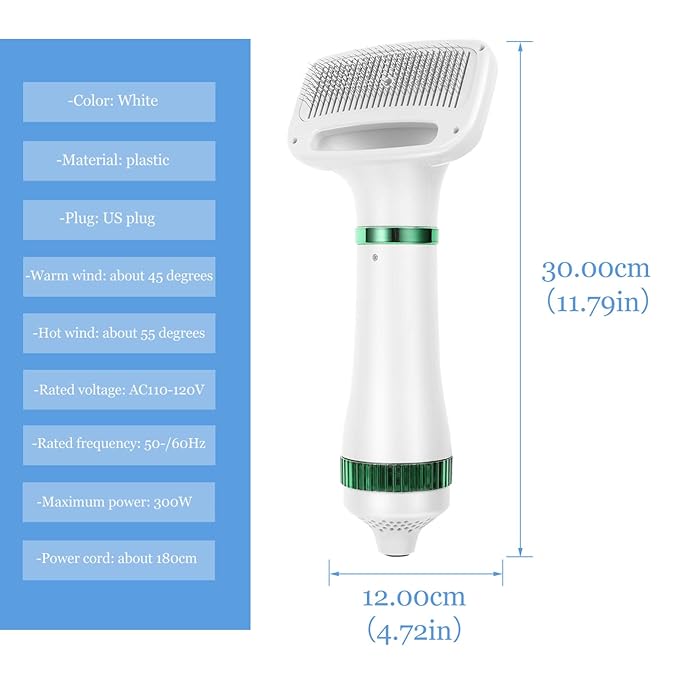 2 in 1 Dog Hair Dryer Comb Pet Hair Dryer with Slicker, Professional Home Grooming Dryer Brush Furry Drying Blower for Small Large Cat Dog White, 3 Temperature Settings
