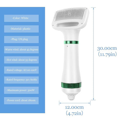 2 in 1 Dog Hair Dryer Comb Pet Hair Dryer with Slicker, Professional Home Grooming Dryer Brush Furry Drying Blower for Small Large Cat Dog White, 3 Temperature Settings