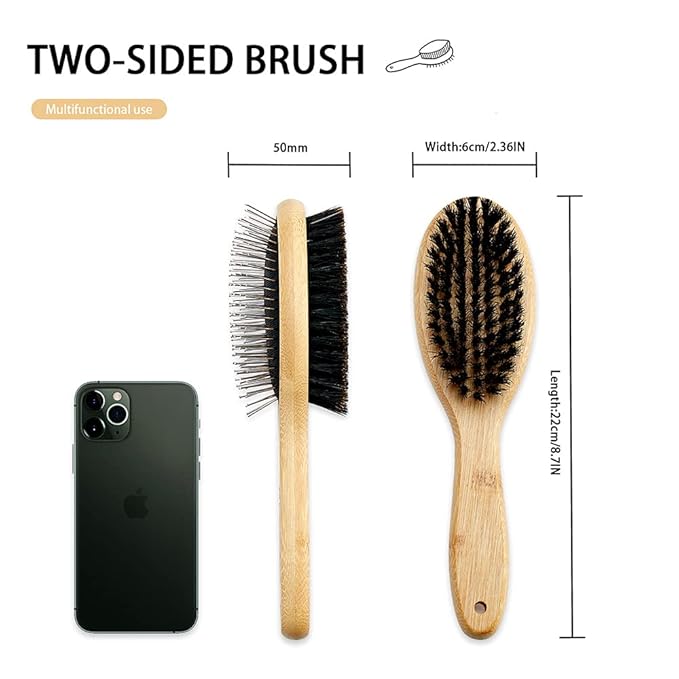 Dog Brush Cat Brush, Vokiuler Double Sided Bristle and Pin Pet Brush for Dog Grooming, Real Boar Bristle Shedding Brush with Bamboo Handle for Long Short Hair, 2 Pack Dog Comb, Black