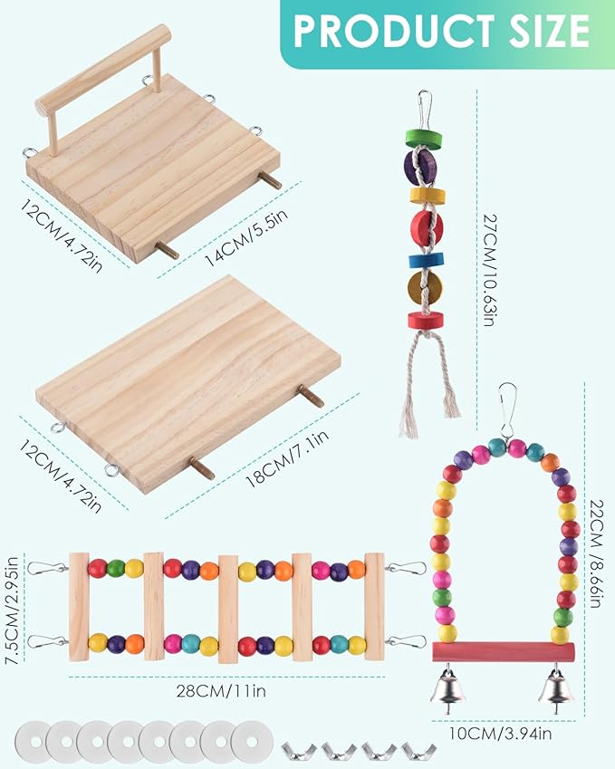 5in1 Bird Parakeet Toys, Detachable Birdie Perches Platform Swing with Climbing Ladder, Parrot Cage Stand Accessories, Wooden Playing Gyms for Conure Cockatiel Lovebird Finch Budgerigar Pigeon