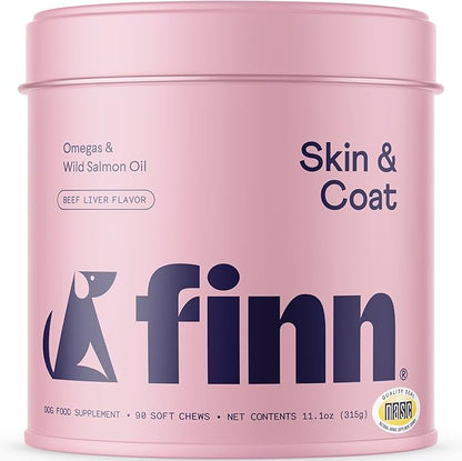 Finn Skin & Coat Salmon Oil Supplement for Dogs | Supports A Thick & Shiny Coat | Fish Oil from Wild Alaskan Salmon, Omega-3s, EPA & DHA, Biotin, & Zinc | 90 Soft Chews