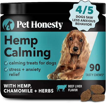 Pet Honesty Hemp Calming Chews for Dogs - Dog Anxiety Relief, Dog Calming Treats with Hemp + Valerian Root, Melatonin for Dogs - Helps Aid with Thunder, Fireworks, Chewing & Barking (Beef Liver 90 ct)