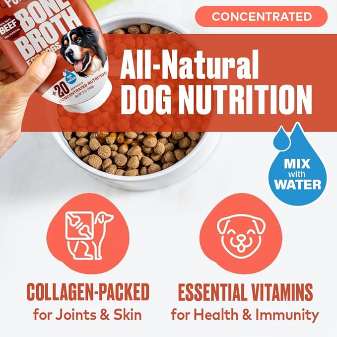 Chicken and Beef Bone Broth for Dogs - Collagen Protein Supplement for Digestion, Mobility, Coat, Healthy Dog Food Topper, Human Grade Meal Boost Gravy, Just Add Water, 12 oz, 2 Pack