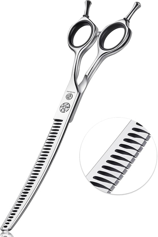 7" Upward Curved Dog Chunker Thinning Scissors Silver Dog Grooming Scissors Professional Blending Texturizing Trimming Shears for Dog Cat Pet Japanese Stainless