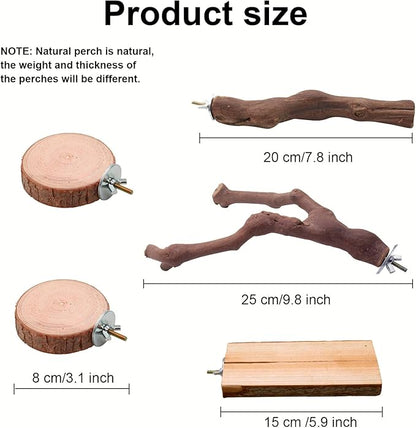 6PCS Bird Perches Natural Parrot Perch Stand for Cage, Grape Wood Stands, Bird Platforms, Parakeets Paw Grinding Fork Exercise Toys Set for Cockatiels, Conure, Parrot