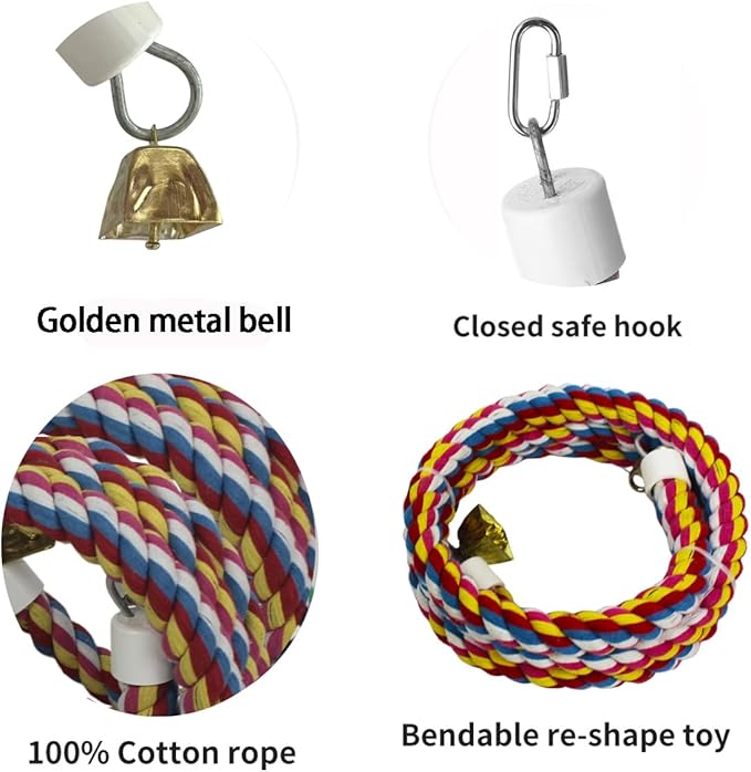 2PCSx 79inch(200cm) Bird Spiral Rope with Golden Bell Perches Birdcage Swing Toys 100% Cotton Natural Bird Perch Peck/Chewing Climbing Standing Bungee Parrot Toys for Regular to Large Size Parrot
