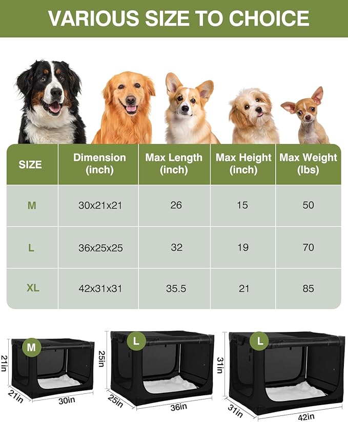 30-Inch Collapsible Travel Dog Crate, Portable 4-Door Soft Kennel for Medium to Large Dogs, Chew-Proof Mesh Windows, Indoor/Outdoor Use, Foldable, with Storage Bag (Black)