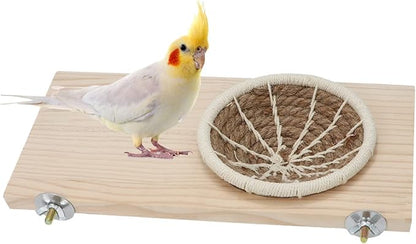 Wontee Bird Perch Stand with Nest Bird Breeding Nest Bed Wooden Platform for Budgies Parakeets Cockatiels Conures (M)