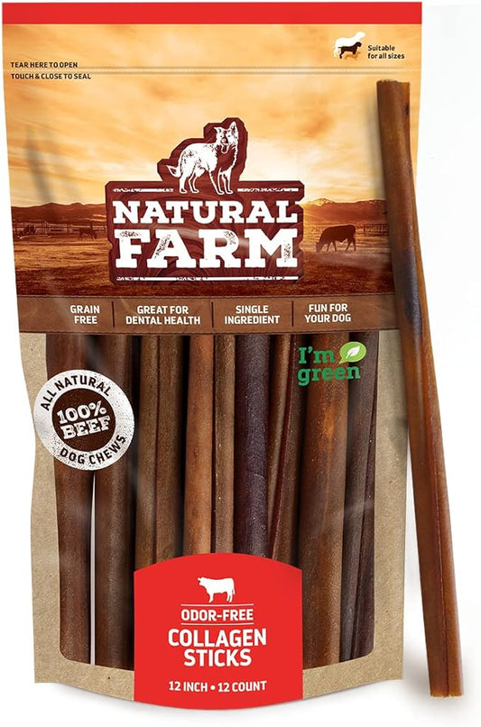 Natural Farm Odor-Free Collagen Dog Chews, (12-Inch, 12-Pack), Long Lasting Bully Sticks & Rawhide Alternative Dog Treats, 95% Collagen, High Protein Best Dental Dog Treats  Medium & Large Dogs