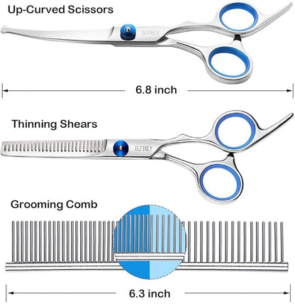 Dog Grooming Scissors Set with Safety Round Tip (2 Pack - Curved Scissors Thinning Shears for Pets) Blue