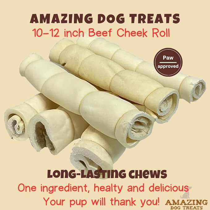 Amazing Dog Treats - Beef Cheek Rolls (10 Inch Regular - 30 Pcs) - Safe Rawhide Alternative Dog Chew - Great for Power Chewers - Long Lasting Dog Chew - Retriever Rolls