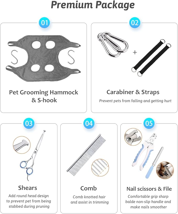 Dog Grooming Harness, Multifunctional Cats and Dogs Grooming Hammock, Pet Beauty Assistant, Nail Scissors/Nail Trimmer/Round Head Scissors (Large, grey)