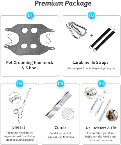 Dog Grooming Harness, Multifunctional Cats and Dogs Grooming Hammock, Pet Beauty Assistant, Nail Scissors/Nail Trimmer/Round Head Scissors (Large, grey)