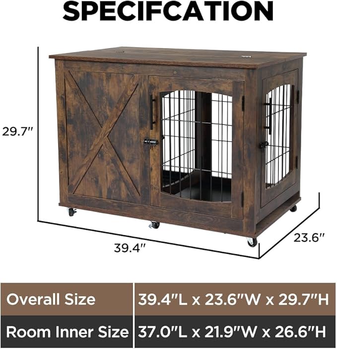 Wooden Dog Crate Furniture with Divider, Rustic Brown, 3 Doors Kennel with Tray, Easy Assembly, Anti-Slip, 130 lbs Weight Capacity