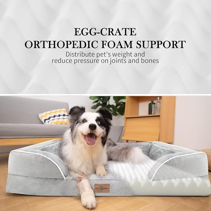 Large Dog Beds Orthopedic Foam, Waterproof Dog Beds for Large Dogs Sofa Comfy Pet Bed with Washable Removable Cover & Non-Slip Bottom(Large,Grey White)