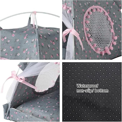 Cat Bed Tents Dog House Indoor Outdoor Lace Mesh Breathable Windows Door Curtains Removable Portable Nest Teepe House (Small,Gray&Pink)
