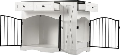 Ball & Cast 43.3" 2-in-1 Dog Crate Furniture,Modern Indoor Kennel with 2 Drawers&Storage Shelves,Double Doors&Double Locks Design for 41-70 lbs Dogs,Living Room,Kitchen,Entryway Side Table,White