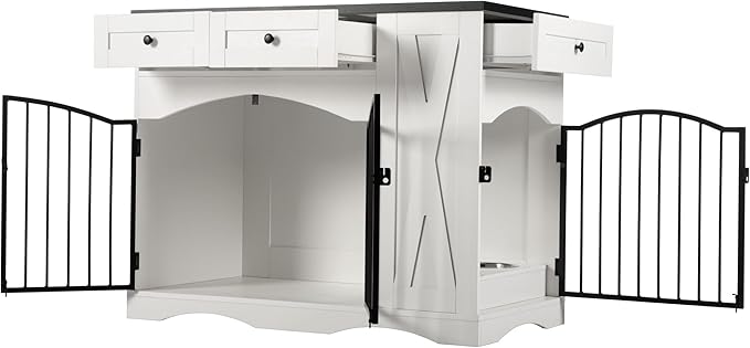 Ball & Cast 43.3" 2-in-1 Dog Crate Furniture,Modern Indoor Kennel with 2 Drawers&Storage Shelves,Double Doors&Double Locks Design for 41-70 lbs Dogs,Living Room,Kitchen,Entryway Side Table,White