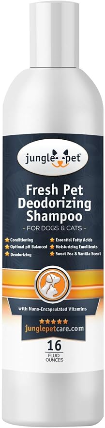 Jungle Pet Deodorizing Dog Shampoo for Smelly Dogs - Grooming & Cleansing Pet Shampoo for Dogs with Hypoallergenic Essential Fatty Acids - Soap, Sulfate & Paraben Free - Sweet Pea Vanilla Scent, 16 oz