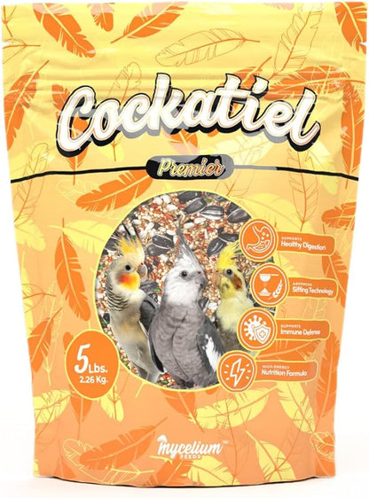 Mycelium Cockatiel Premier Bird Seed (5 LB Bag) | Organic Bird Food Fortified with Vitamins for Immunity, Energy & Digestion | Dust-Free, Daily Nutrition for Pet Birds | Non-GMO, USA Made