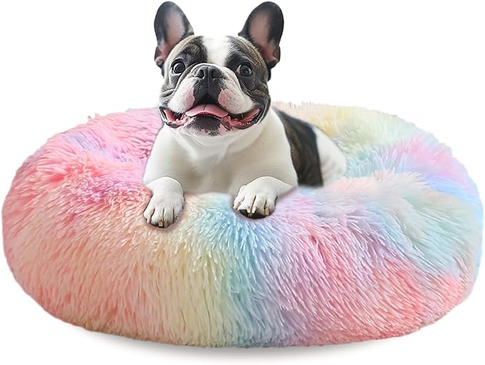 JOLLYVOGUE Donut Dog Bed for Large Dogs, Anti-Anxiety Washable Round Large Pet Bed, Calming Donut Dog Bed for Sleeping, Fluffy Dog Beds for Large Dogs, Round Bed for Indoor Pet (36"/Rainbow