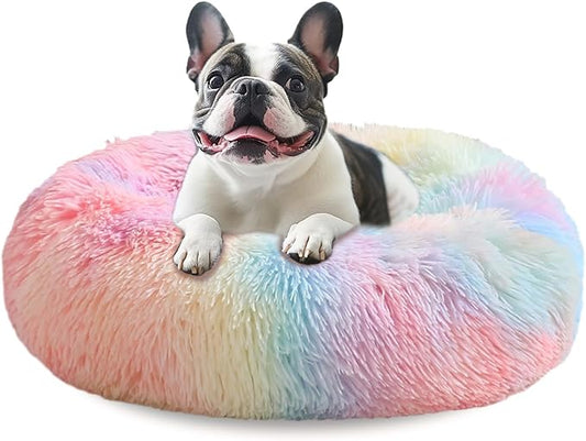 JOLLYVOGUE Dog Beds for Medium Dogs, Anti-Anxiety Washable Round Bed, Calming Donut Dog Cat Bed for Puppy Bed, Fluffy Dog Beds for Medium Dogs, Round Puppy Bed for Indoor Pet (28"/Rainbow