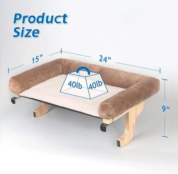 Zakkart Cat Perch for Window Sill with Bolster - Orthopedic Hammock Design with Premium Hardwood & Robust Metal Frame - Cat Window Seat for Large Cats and Kittens - Natural Color Wood with Brown Bed