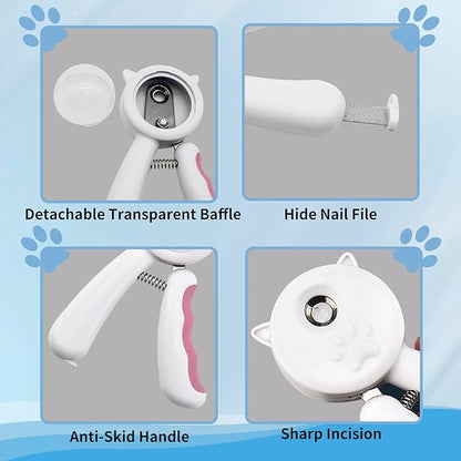 WishLotus Pet Nail Clippers, Anti-Slip and Splash Dogs Nail Clipper with Clear Baffle and Hide Nail File Cat Claw Clippers Grooming Tool Accessories for Small Animals Nail Trimming (Pink)