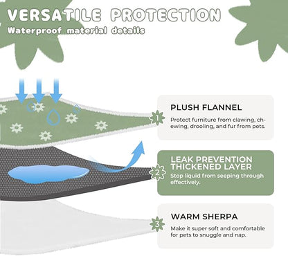 Luciphia Waterproof Pet Blanket for Medium Large Dogs Washable Fluffy Thick Jacquard Shag Fleece Warm Sherpa 3D Textured Flower Print for Cats Puppy Couch Protection (Green,85x57 inches)