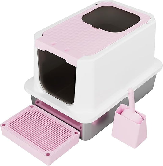 RIZZARI Enclosed Cat Litter Box: Pink Stainless Steel Odorless Cat Box - Top-Entry Design - Large Capacity High-Sided Leak Proof Litter Pan for Cats - Easy Clean Pet Toilet - for Living Room Bedroom