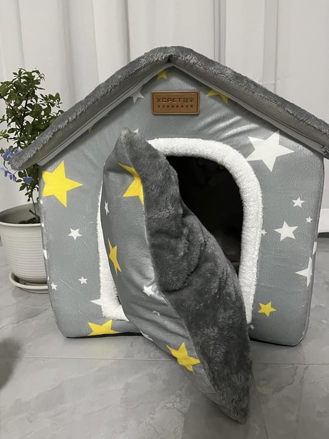 SEAHOME Foldable Dog House Kennel Bed Mat for Indoor Pets,Enclosed Warm Plush Sleeping Nest Bed with Removable Cushion,Covered Small Pet Condos Indoor Cat Hideaway (L, Grey)
