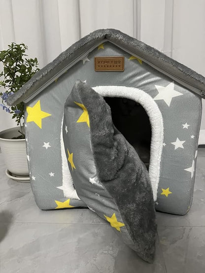 SEAHOME Foldable Dog House Kennel Bed Mat for Indoor Pets,Enclosed Warm Plush Sleeping Nest Bed with Removable Cushion,Covered Small Pet Condos Indoor Cat Hideaway (M, Grey)
