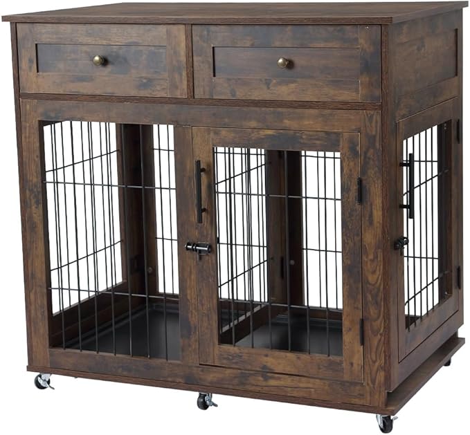 2 Dog Crate Furniture with 2 Drawer,39.4" Wooden Large Dog Kennel Crate End Table with Wheels (Brown)